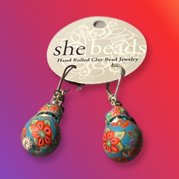 Hand Rolled Clay-Bead Pierced Earrings With Crystals by She Beads - Picture 2 of 5